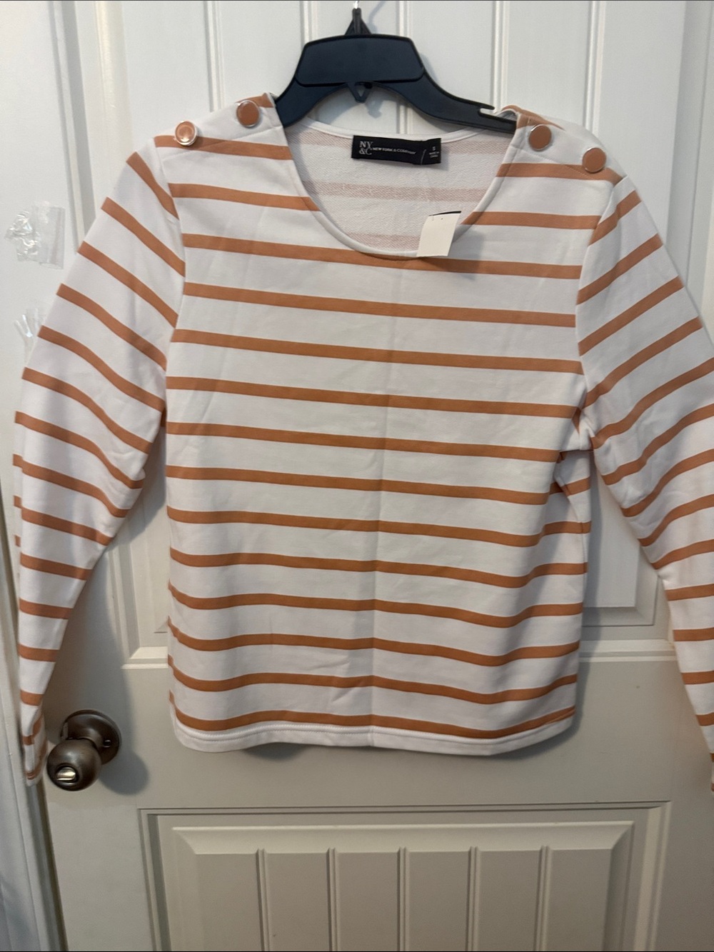 New York & Company women’s White and Tan Striped Button-Shoulder Long Sleeve top